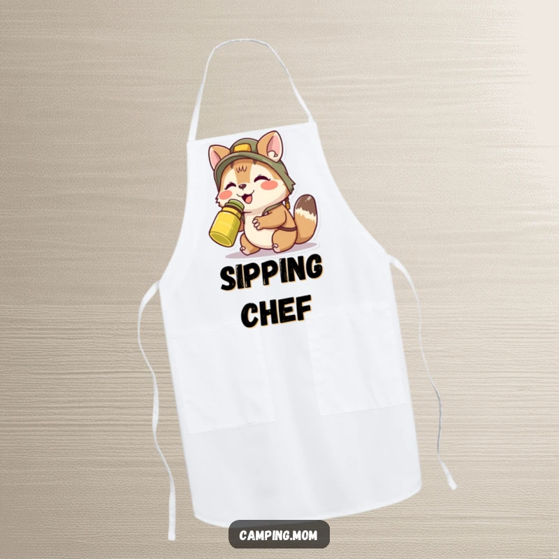 Funny camping animal character wearing an apron, happily sipping from a canteen, ready to prepare meals with a smile.