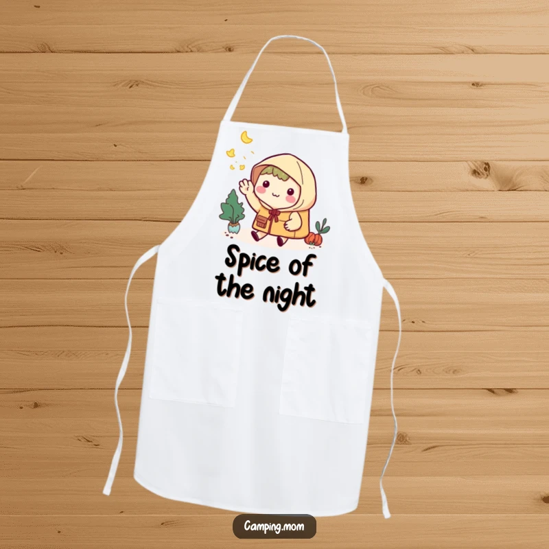 Funny Apron: Kawaii camping character smiling and waving goodbye to fireflies while cooking indoors.