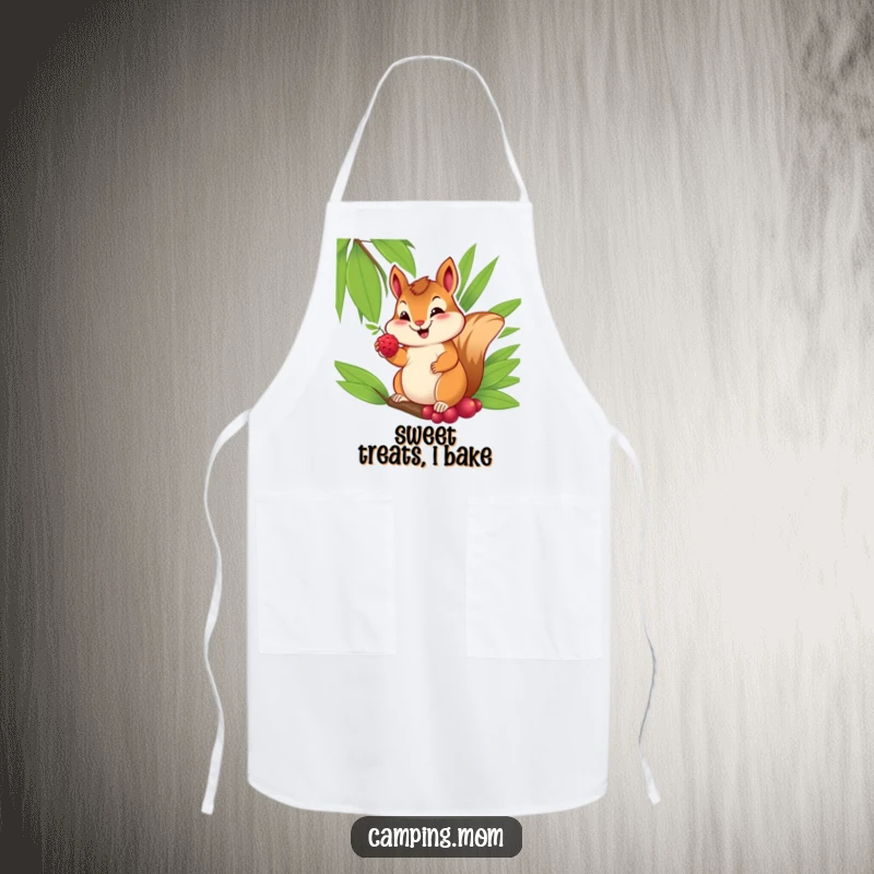 Funny apron showcasing a cheerful chipmunk with a sweet smile, offering a berry from its palm, for kitchen charm.