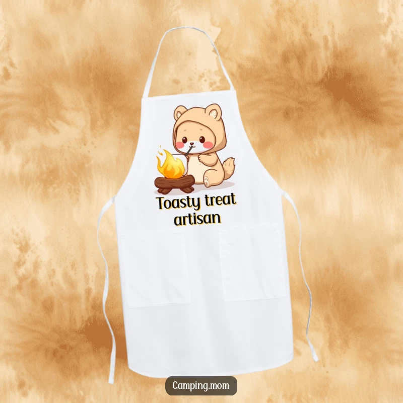 Funny camping mom apron, depicting an animal mom roasting a perfectly golden marshmallow, ideal for a chef with a sense of humor.