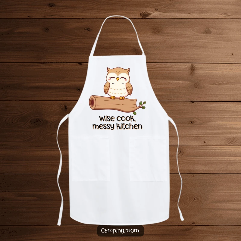 Funny apron showcasing a contented owl hooting happily with closed eyes while perched on a log, ready for kitchen fun.