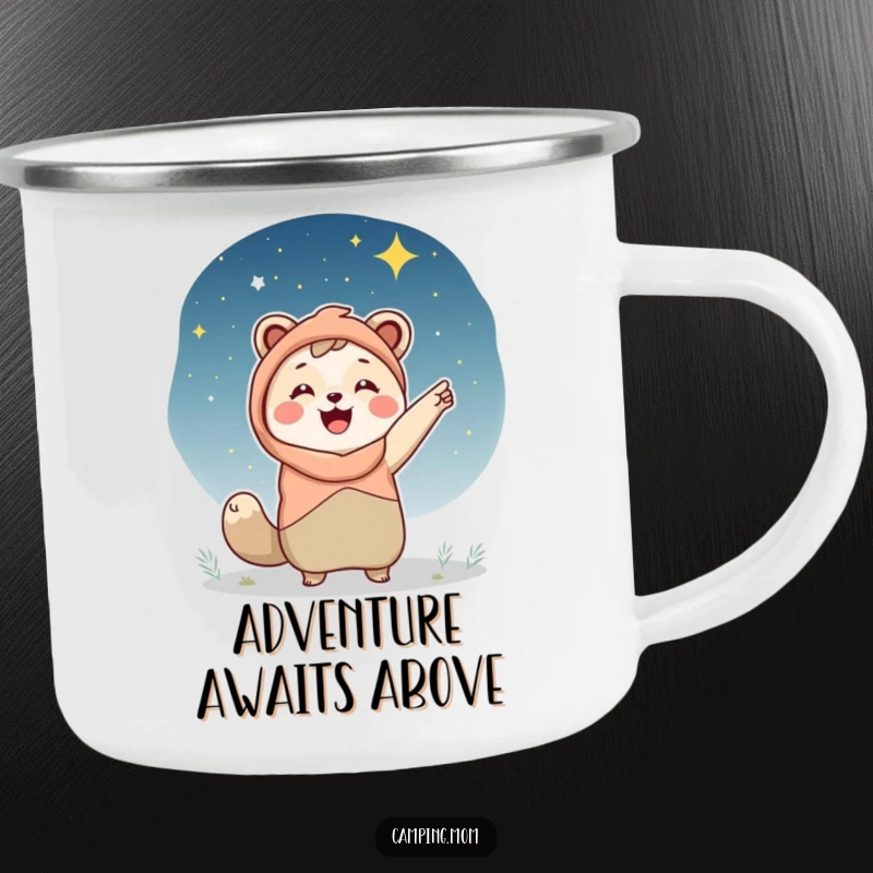 Funny camping mom enamel camping mug, an animal mom pointing at a beautiful starry night sky, perfect for outdoor drinks.
