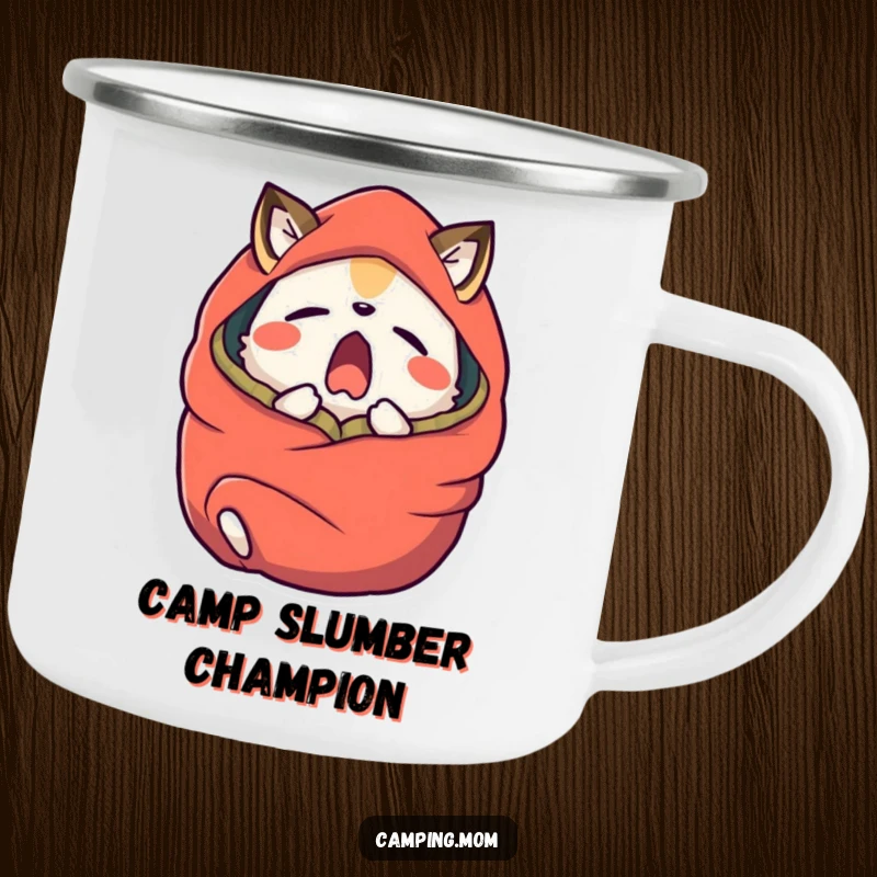 Funny camping animal character yawning widely, wrapped in a sleeping bag, on a durable camping mug.