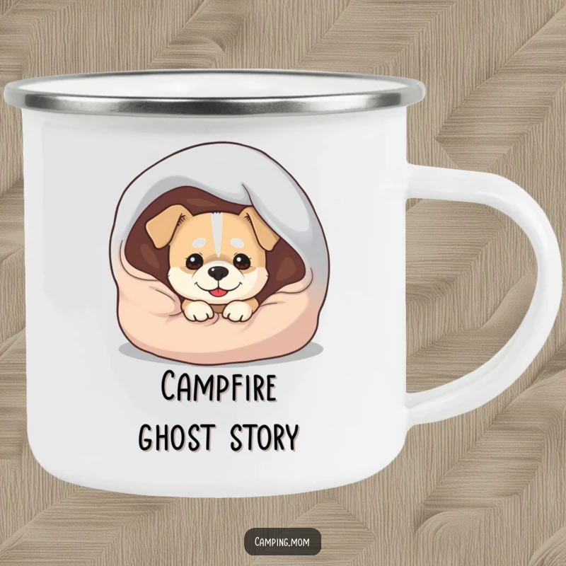Funny Dog Camping Mug: A durable mug showing a dog with a mischievous grin peeking out from under a sleeping bag.