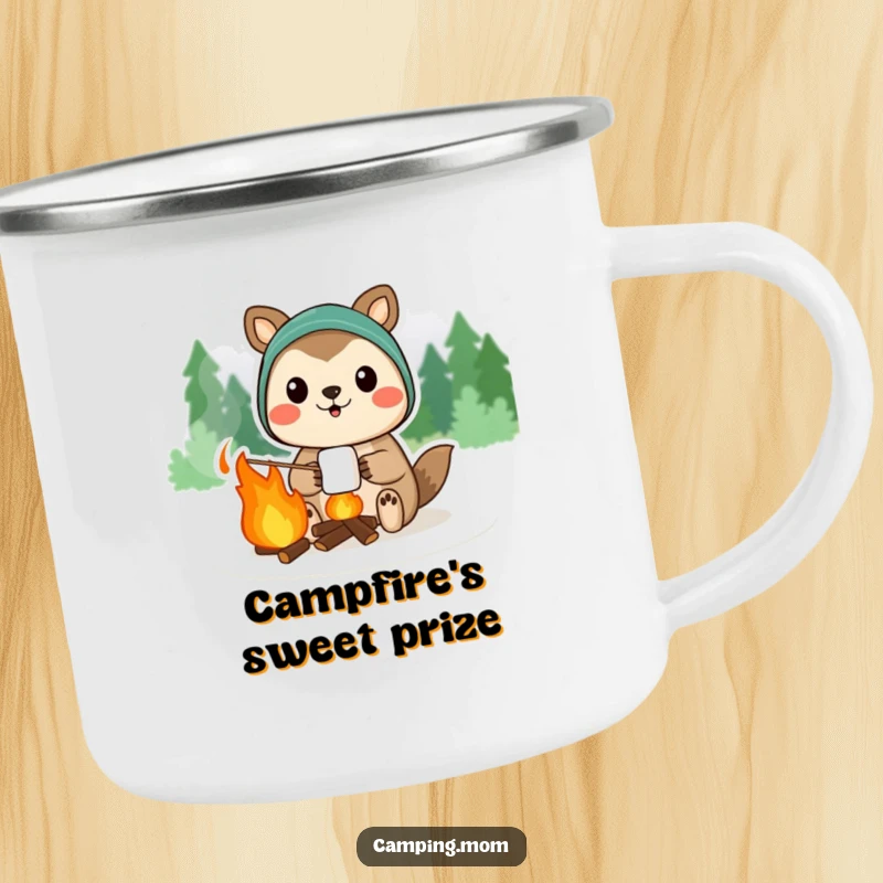Funny camping animal character proudly displaying a campfire marshmallow, on a durable camping mug.