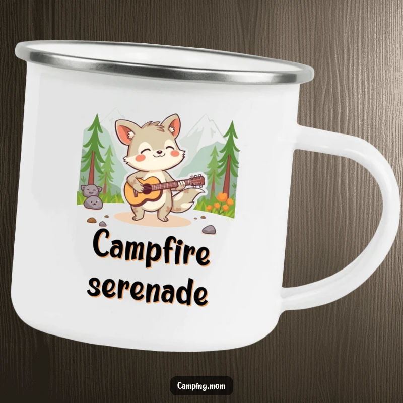 Funny animal character playing a guitar in a wilderness setting, depicted on a rustic enamel camping mug.