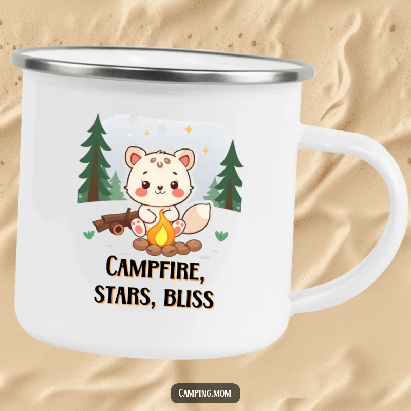Funny camping mug with a joyful animal character sitting by a campfire, gazing at stars, ideal for outdoor use.