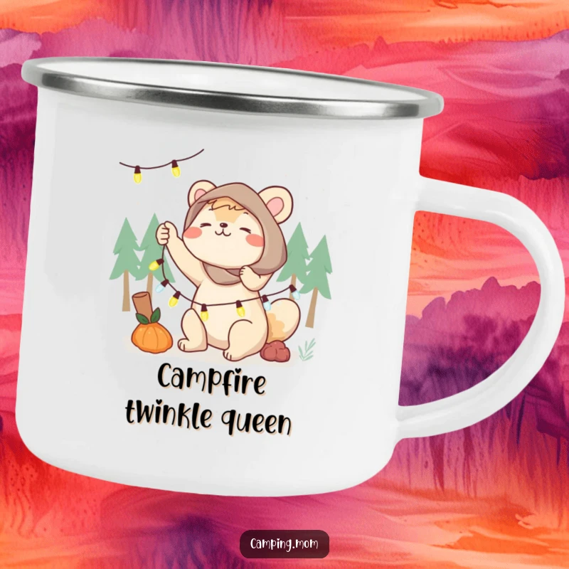 Funny camping mom enamel camping mug, an animal mom energetically setting up fairy lights, perfect for outdoor drinks.