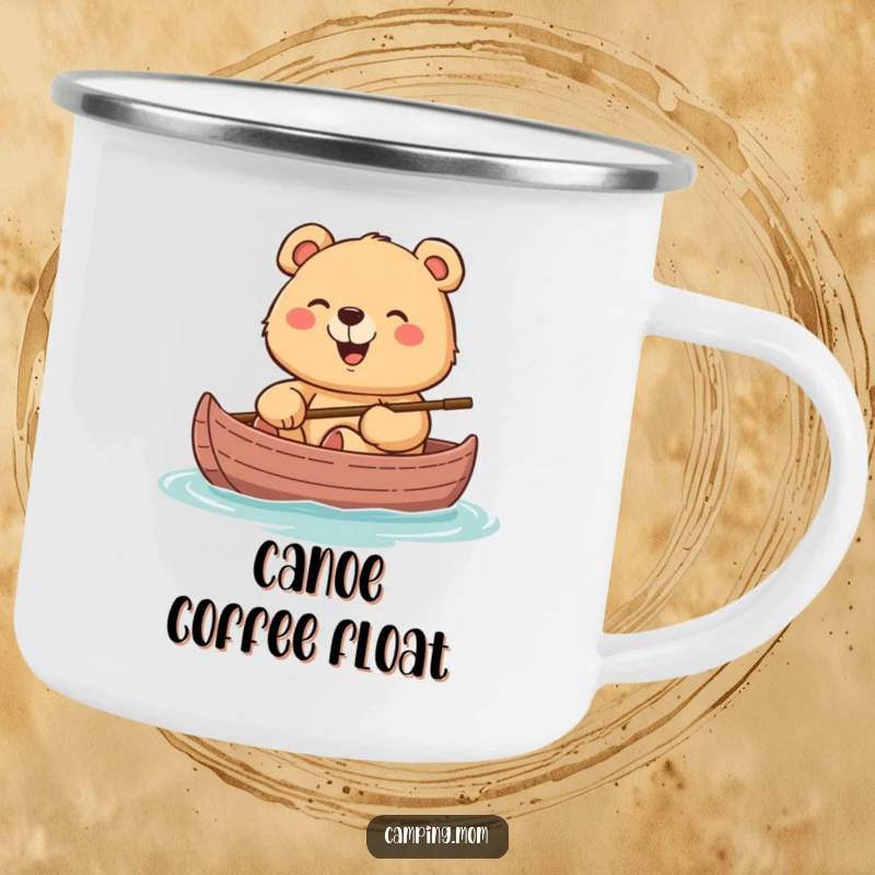 Funny camping mug of a cheerful mama bear giggling in a canoe, ideal for beverages on the water.
