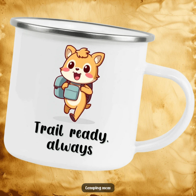 Funny camping mug with an excited animal character carrying a backpack, walking eagerly, ideal for outdoor use.