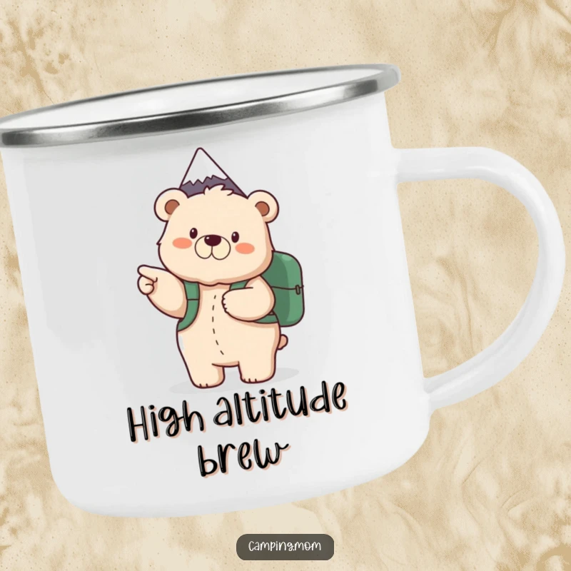 Funny camping mug with a fluffy mama bear, backpack, excitedly pointing at a mountain peak, ideal for outdoor beverages.