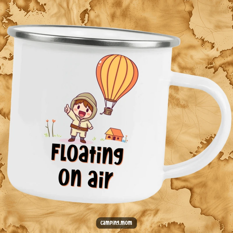 Funny camping mug with a whimsical camping character excitedly pointing at a colorful hot air balloon in the sky.