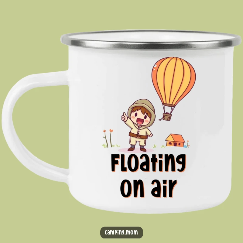 Funny Hot Air Balloon Camping Mug: Whimsical Character Points Up, An Outdoor Funny Gift.
