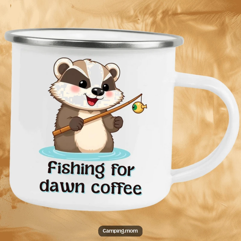 Funny camping mug with a happy badger holding a fishing rod, looking forward to a catch, for outdoor angling humor.