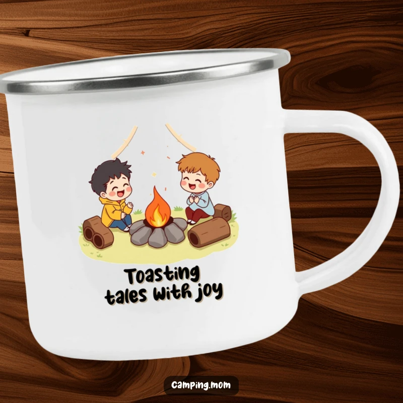 Funny camping mug showing characters laughing around a campfire, built for durability and humor on outdoor gatherings. Perfect funny gift.