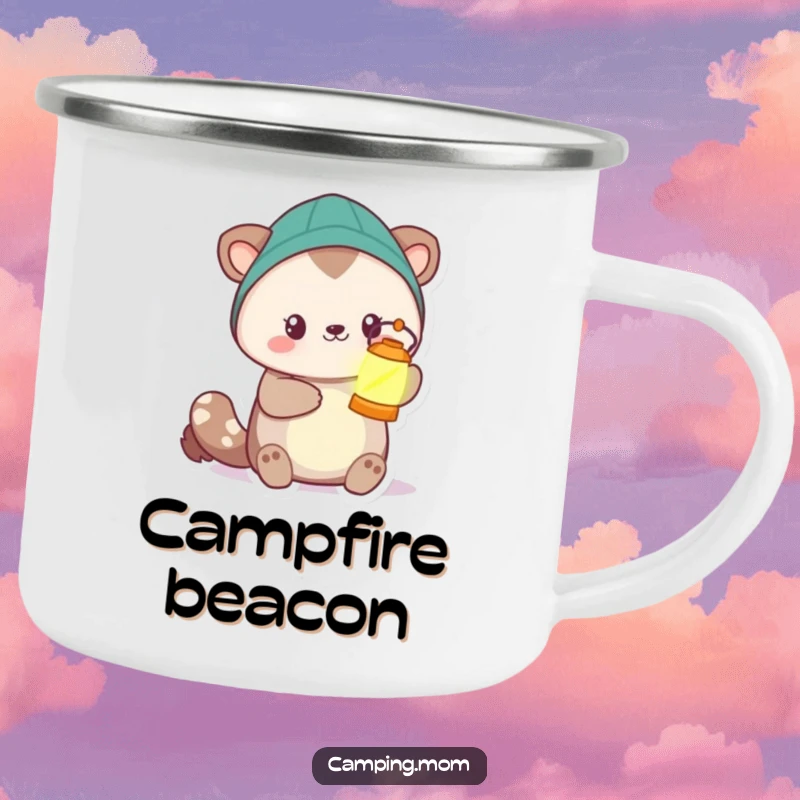 Funny camping animal character holding a glowing lantern, designed for a durable and humorous camping mug.