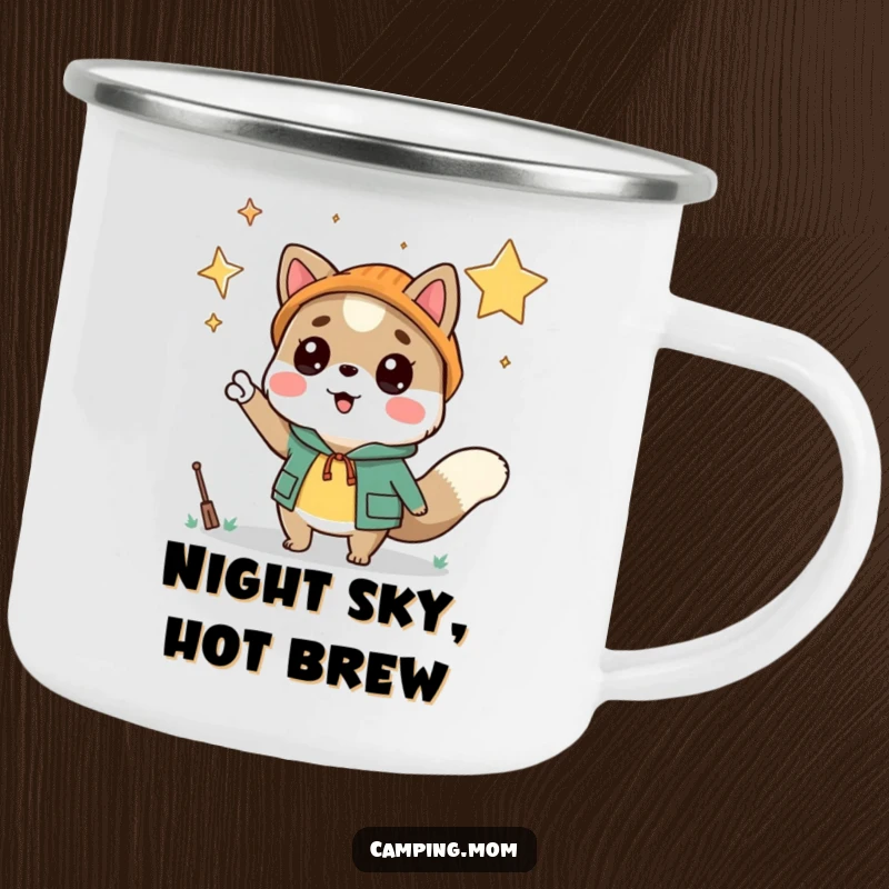 Funny camping animal character excitedly pointing at a starry night sky, designed for a durable and humorous camping mug.