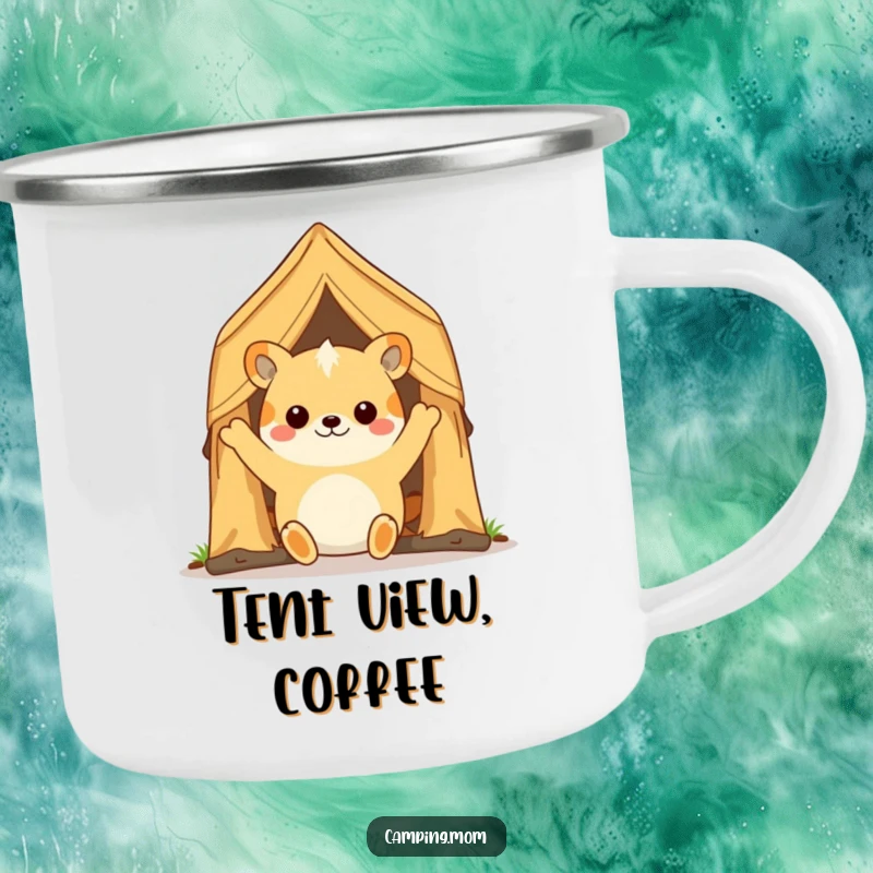 Funny camping animal character joyfully opening a tent flap, designed for a durable and humorous camping mug.