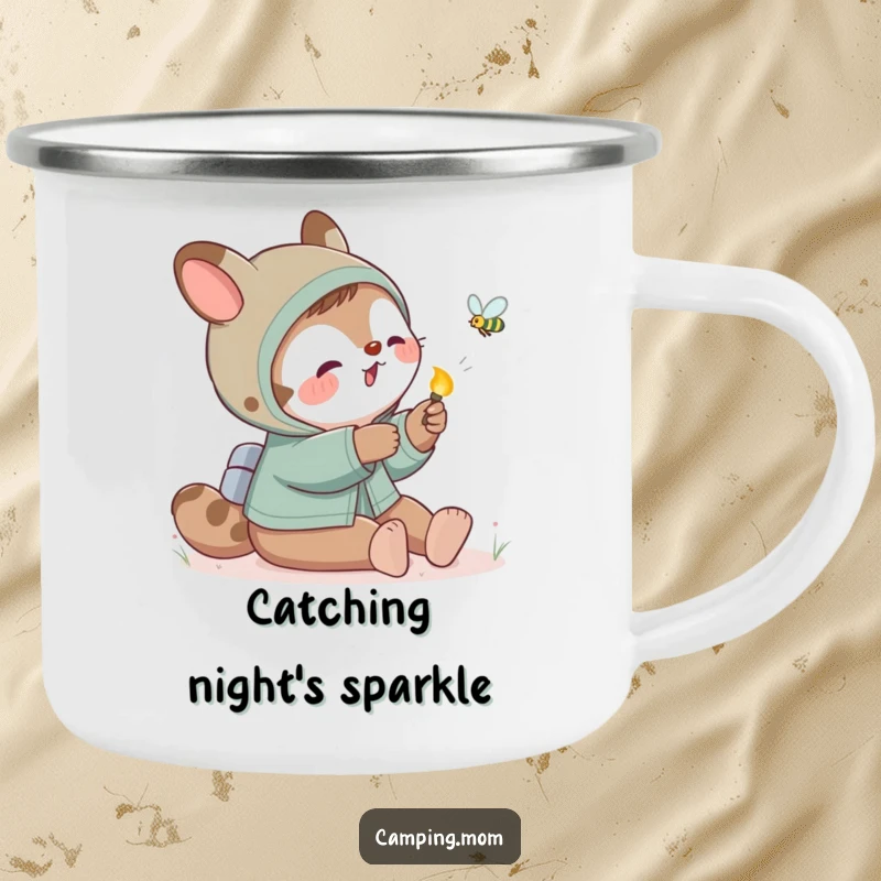 Funny camping mom animal playfully swatting at a firefly, designed for cozy outdoor beverage enjoyment.