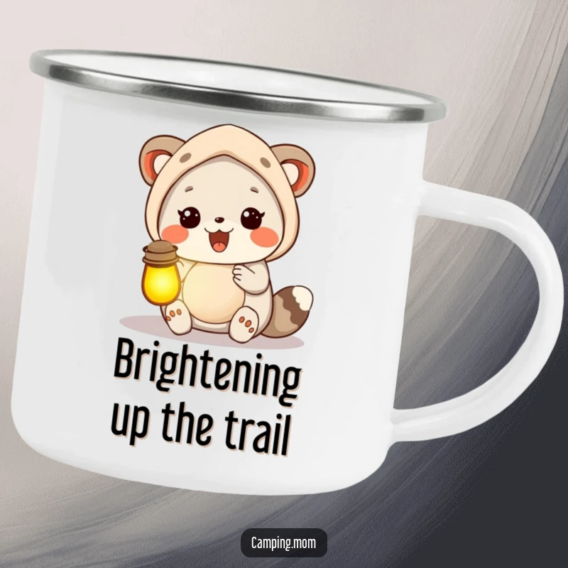 Funny camping mom animal holding a lantern full of glow, designed for cozy outdoor beverage enjoyment.