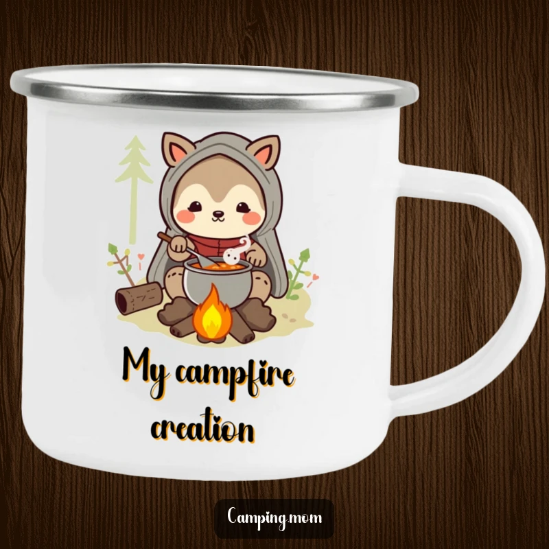 Funny camping mom animal character camping mug of a happy mom stirring stew over a campfire, for beverages.