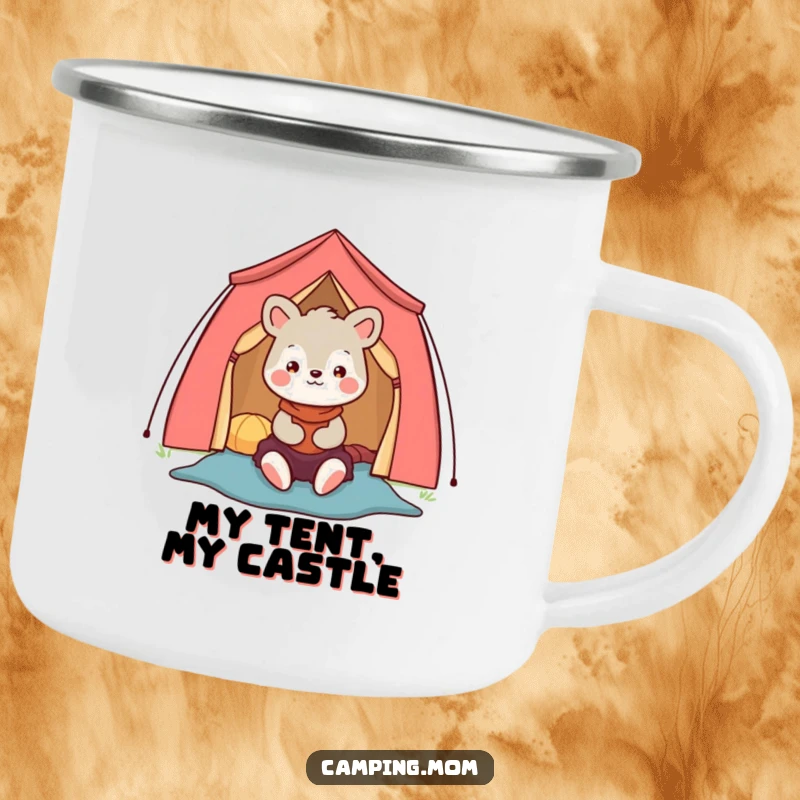 Funny camping mom animal character camping mug of a happy mom setting up a colorful tent, for beverages.
