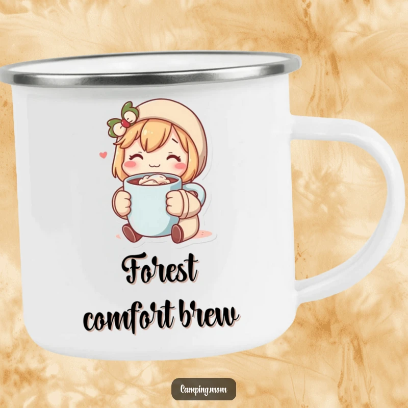 Funny camping mug with a character enjoying hot cocoa, designed for durability and humor on all your outdoor escapades. Perfect funny gift.