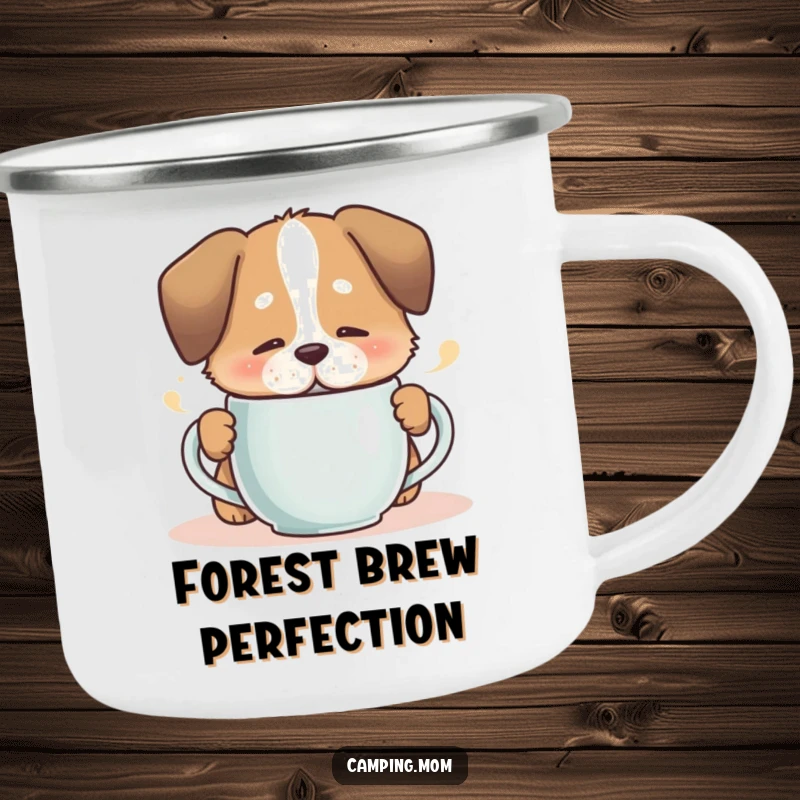 Funny dog sipping from a steaming mug with a contented sigh, depicted on a rustic enamel camping mug.