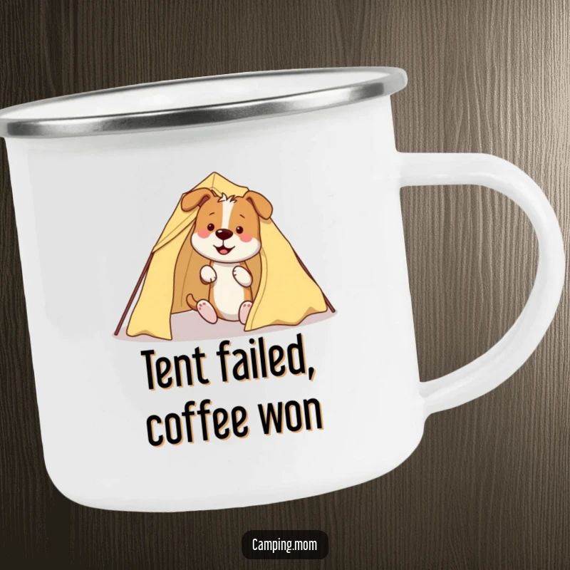 Funny Dog Camping Mug: A durable mug depicting a dog hilariously tangled in tent poles while attempting to set up camp.