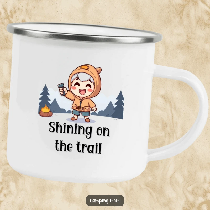 Funny camping mug with a happy camping character striking a dramatic pose, illuminated by a strong flashlight beam.