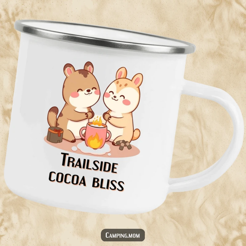Funny giggling animal character holding hot cocoa, depicted on a rustic enamel camping mug, ready for outdoor fun.