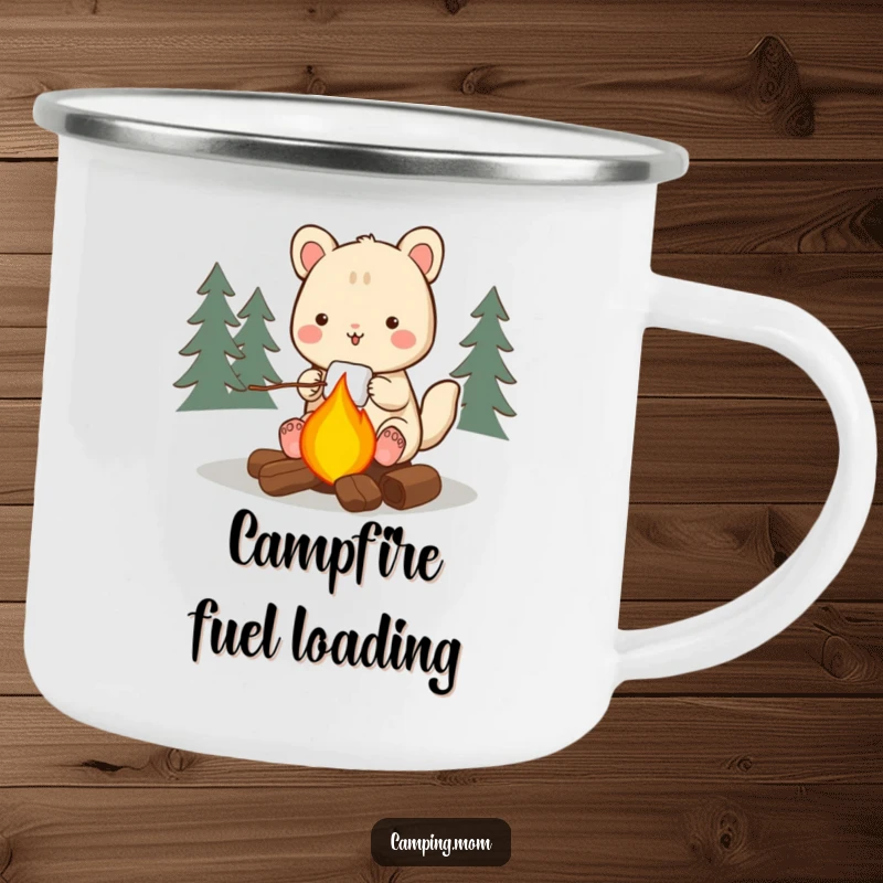 Funny camping animal enamel mug, blissfully roasting a marshmallow over a warm campfire, embodying the spirit of outdoor fun.