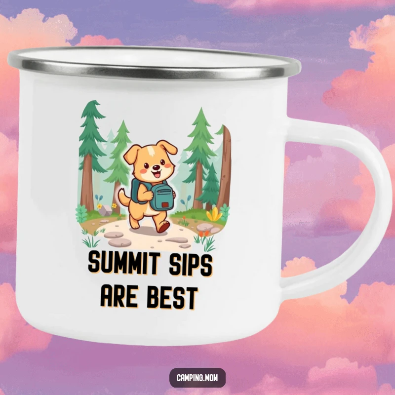 Funny dog with a backpack hiking a forest trail, depicted on a rustic, enamel camping mug for outdoor use.