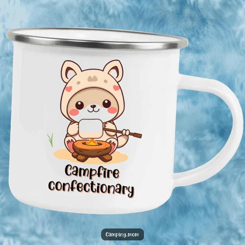 Funny kawaii camping animal character with a marshmallow on a stick, designed for a durable and humorous camping mug.