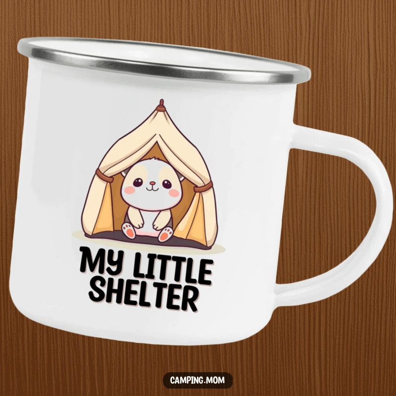 Funny camping mug with a kawaii animal peeking from a tent, designed for outdoor lovers and bringing smiles.