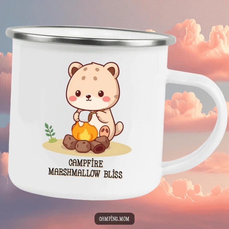 Funny kawaii camping animal camping mug showing a cute creature roasting a marshmallow over a tiny campfire.