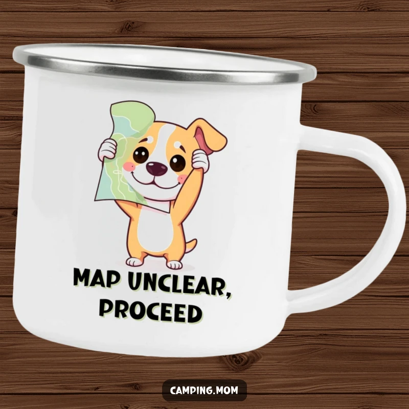 Funny dog holding a map upside down with playful confusion, depicted on a rustic enamel camping mug.