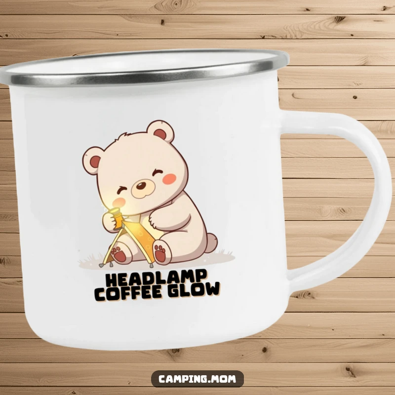Funny camping mug of a mama bear with a headlamp, happily setting up a small tent, ideal for campsite beverages.