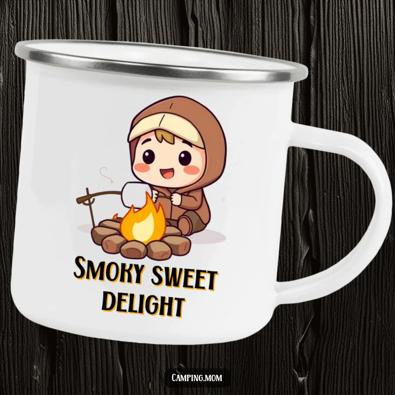 Funny camping mug with a smiling camping character roasting a marshmallow over a vibrant, crackling campfire.