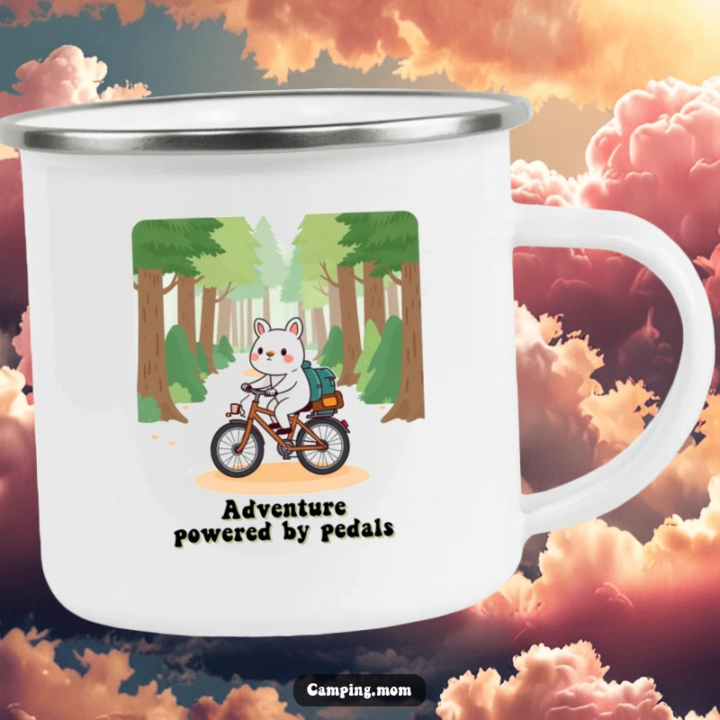 Funny camping animal enamel mug, playfully riding a bicycle down a forest path, embodying the spirit of outdoor adventure.
