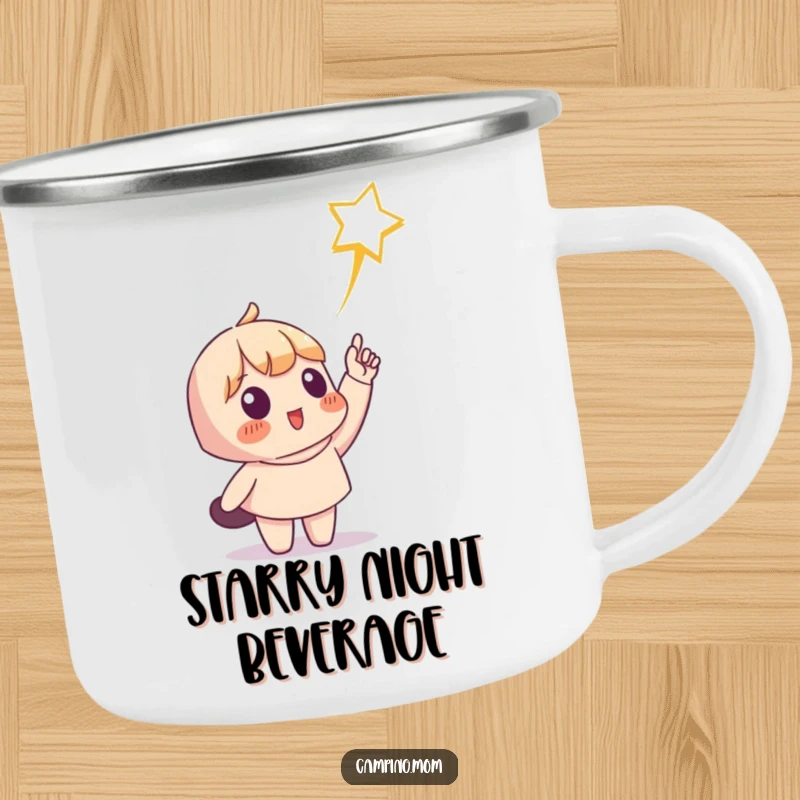 Funny camping mug showing a character pointing at a shooting star, built for durability and humor under the night sky. Perfect funny gift.