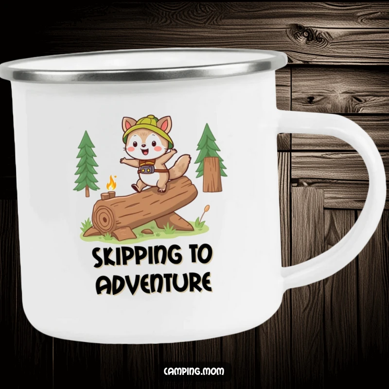 Funny camping animal character gleefully skipping over a log, on a durable camping mug.