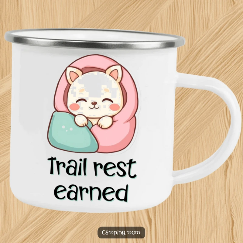 Funny animal character peacefully sleeping in a stylized sleeping bag, on a durable camping mug.