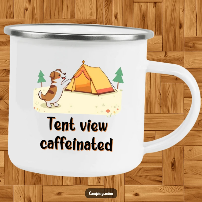 Funny dog pointing at a tent with excitement, depicted on a rustic enamel camping mug.