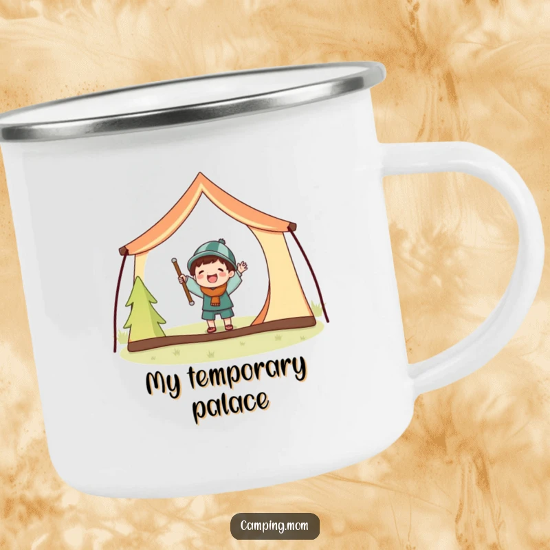 Funny camping mug with a joyful camping character hilariously setting up a tent with comically oversized poles.