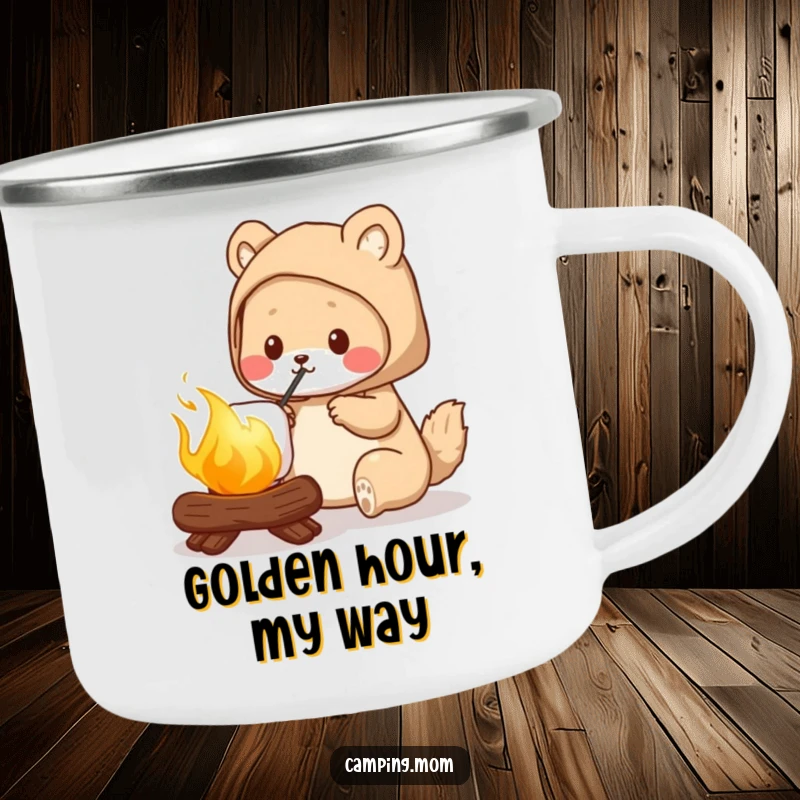 Funny camping mom enamel camping mug, showing an animal mom roasting a perfectly golden marshmallow, perfect for outdoor drinks.