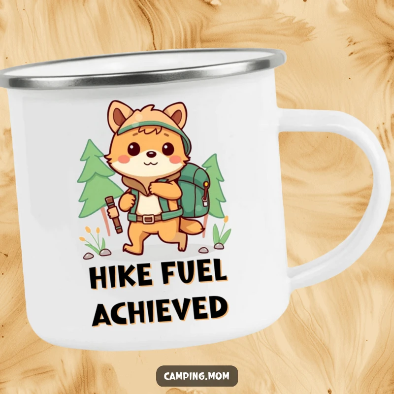 Funny camping animal character hiking with a backpack, on a durable camping mug for outdoor use.