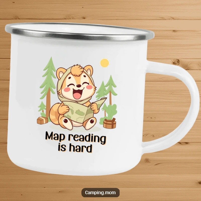 Funny camping mom camping mug featuring an animal laughing while trying to unfold a map, outdoor adventure cup.