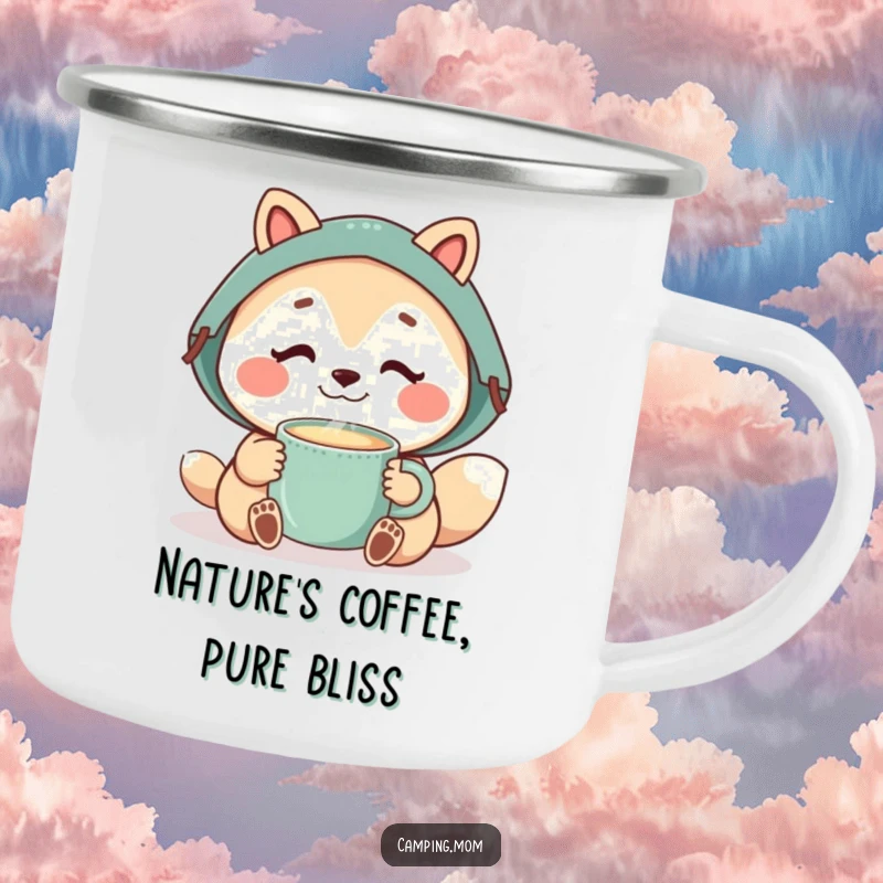 Funny camping mom animal enjoying a steaming mug, perfect for cozy outdoor beverage enjoyment.