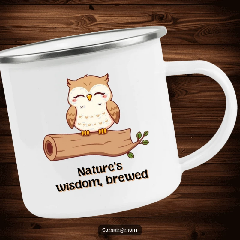 Funny camping mug with a contented owl hooting happily with closed eyes on a log, perfect for outdoor humor.